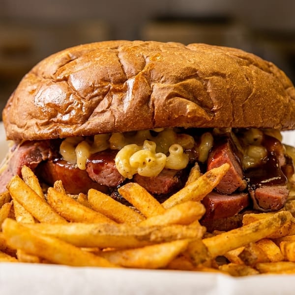 Close-up of a large sandwich with macaroni and cheese, sausage, and barbecue sauce, served with fries.