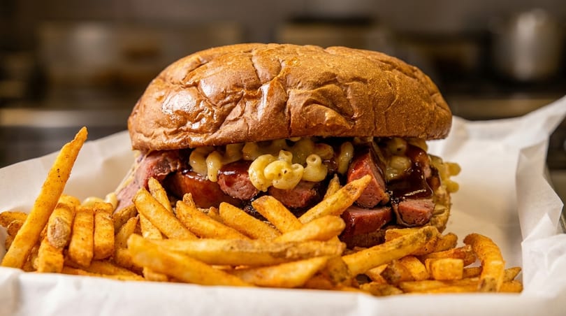 A large sandwich with sausage, macaroni and cheese, and barbecue sauce, served with fries.