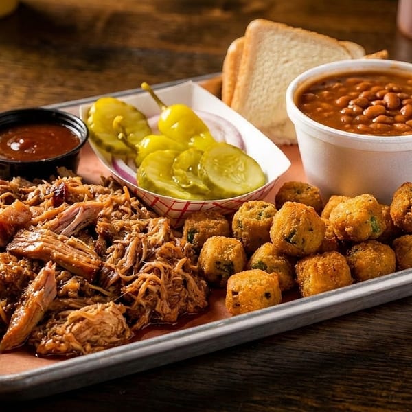 A BBQ platter with pulled pork, baked beans, fried okra, pickles, onions, and toast on a metal tray.