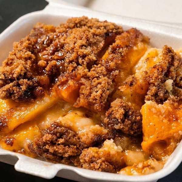 Sweet potato casserole with a crunchy brown sugar topping in a white takeout container.