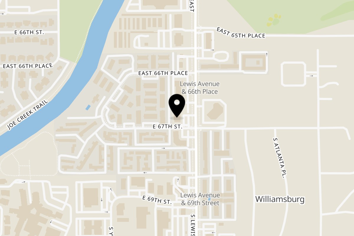 Map showing the location of Alpha Grill BBQ on 6670 S Lewis Ave #102 in Tulsa